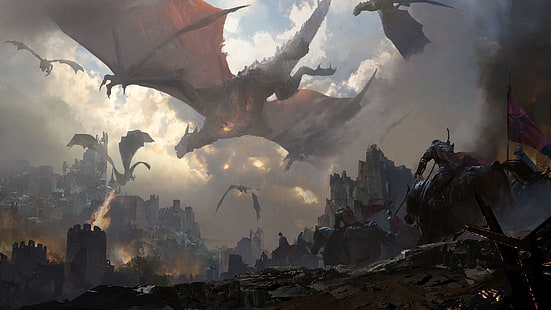 червен дракон тапет, дракон, огън, бойни полета, рицар, кон, замък, HD тапет HD wallpaper