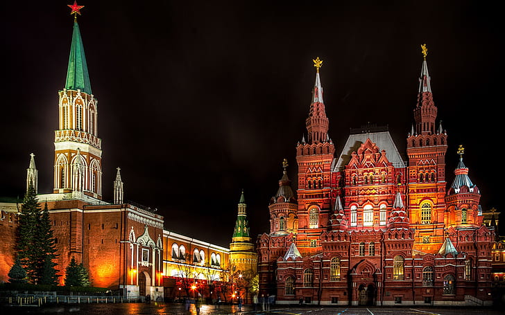 モスクワ、ロシア、赤の広場、州立歴史博物館、夜、モスクワ、ロシア、赤、広場、州、歴史、博物館、夜、 HDデスクトップの壁紙