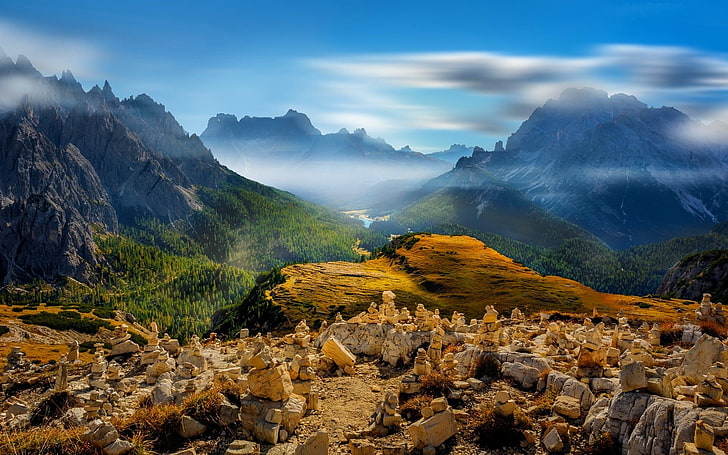 nature, paysage, montagnes, vallée, nuages, forêt, Alpes, lac, Italie, brume, Fond d'écran HD