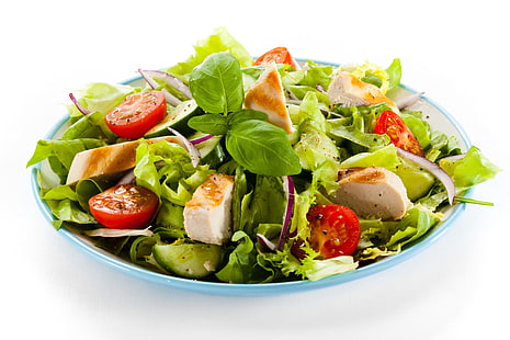 зеленчукова салата, салата, зеленчуци, домати, чиния, бял фон, HD тапет HD wallpaper