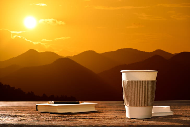 the sun, dawn, coffee, morning, Cup, hot, coffee cup, good morning, HD wallpaper
