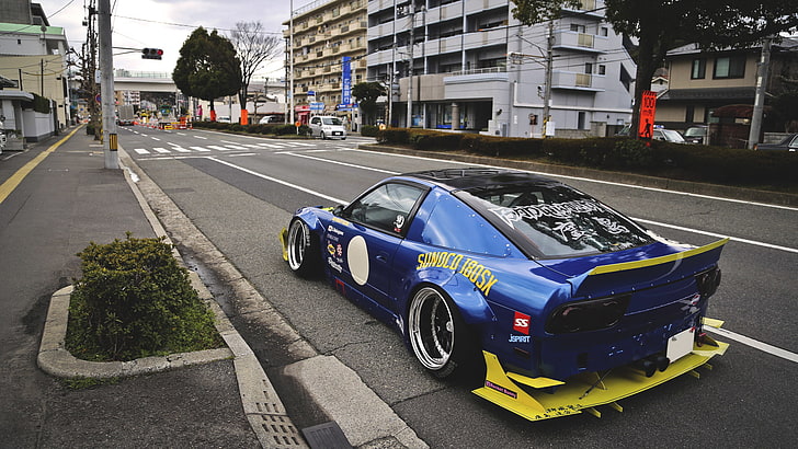 blue and yellow coupe, Nissan, 180sx, HD wallpaper