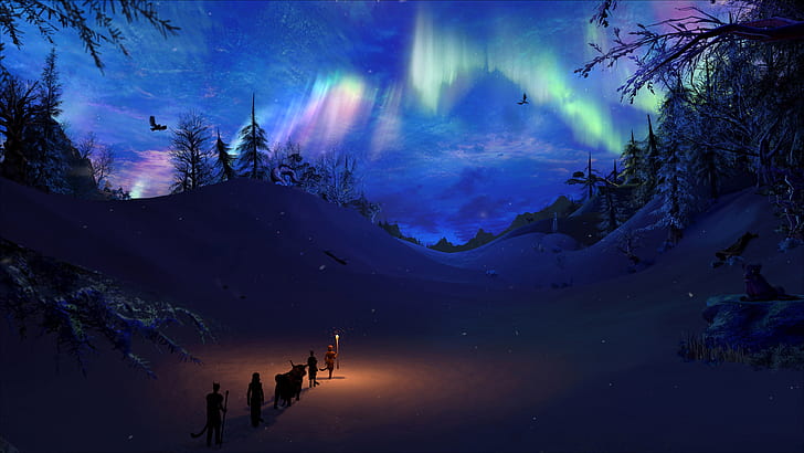 artwork, winter, Aurora, snow, fantasy art, night, landscape, The Elder Scrolls V: Skyrim, HD wallpaper