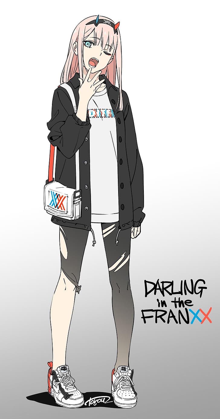 FranXX의 달링, Zero Two (Darling in the FranXX), 흰색 배경, 하품, 레깅스, 핑크색 머리, 운동화, HD 배경 화면, 핸드폰 배경화면