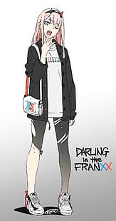 FranXX의 달링, Zero Two (Darling in the FranXX), 흰색 배경, 하품, 레깅스, 핑크색 머리, 운동화, HD 배경 화면 HD wallpaper