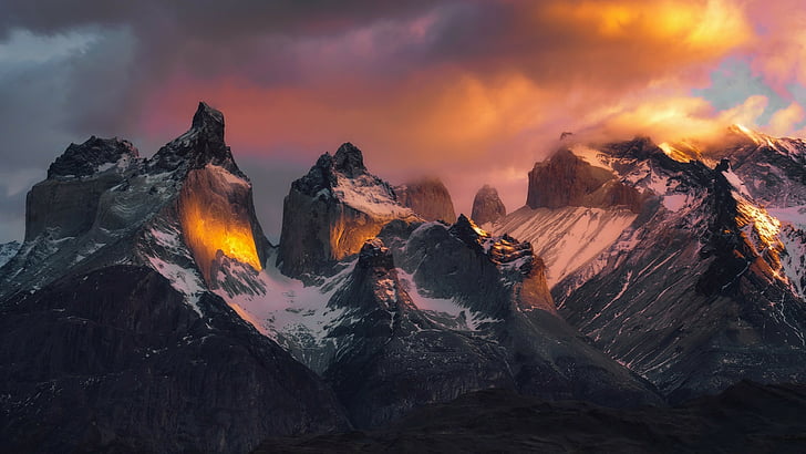 mountain, torres del paine, sky, torres del paine national park, mountain range, atmosphere, patagonia, chile, rock, national park, mount scenery, peaks, summit, cloud, HD wallpaper