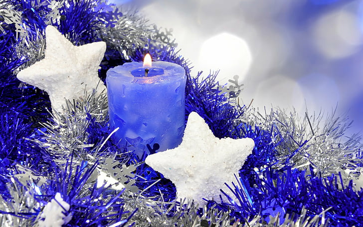 Holiday, Christmas, Blue, Candle, Decoration, Silver, Star, HD wallpaper