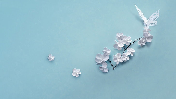 artwork, flowers, plants, butterfly, minimalism, blue background, HD wallpaper