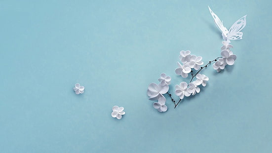 artwork, flowers, plants, butterfly, minimalism, blue background, HD wallpaper HD wallpaper
