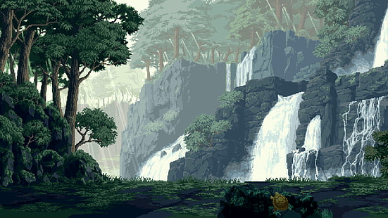 Digitale Kunst, Wald, Landschaft, Natur, Pixel Art, Pixelated, Pixel, Rock, Bäume, Schildkröte, Wasserfall, HD-Hintergrundbild HD wallpaper