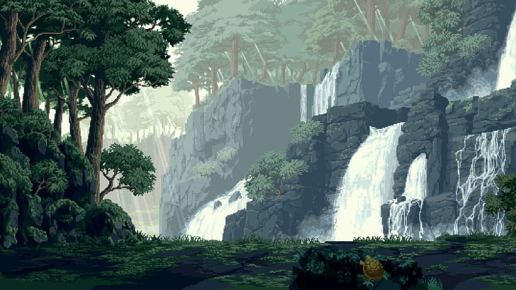 waterfalls digital wallpaper, digital art, pixel art, pixelated, pixels, nature, landscape, waterfall, trees, rock, turtle, forest, rainforest, HD wallpaper