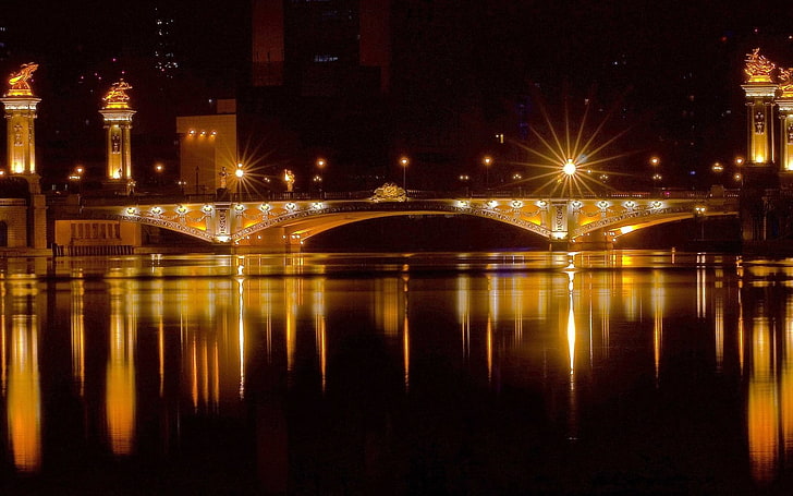gray concrete bridge with statue, night, lights, bridge, reflection, view, HD wallpaper