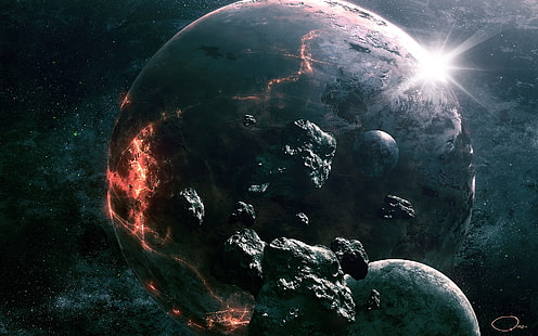 planet, förstörelse, explosion, meteoriter, sci-fi, stjärnor, solsken, apokalyps, rymden, HD tapet HD wallpaper