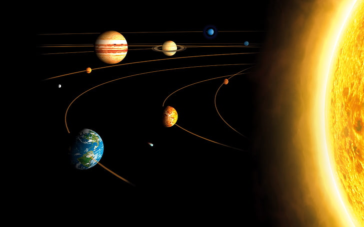 Earth, Jupiter, Mars, Mercury, Neptune, orbits, planet, Saturn, solar system, space, sun, Uranus, Venus, HD wallpaper