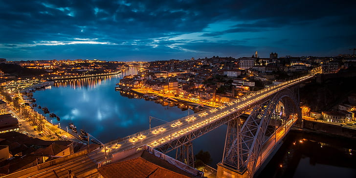 jembatan, lanskap kota, Porto, kota, lampu kota, sungai, Wallpaper HD