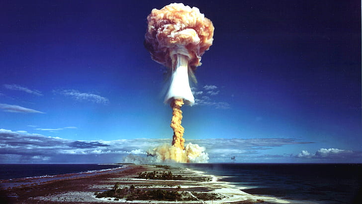 Atomique, bombe, nuages, explosion, îles, paysage, nucléaire, océan, rayonnement, mer, ciel, Fond d'écran HD