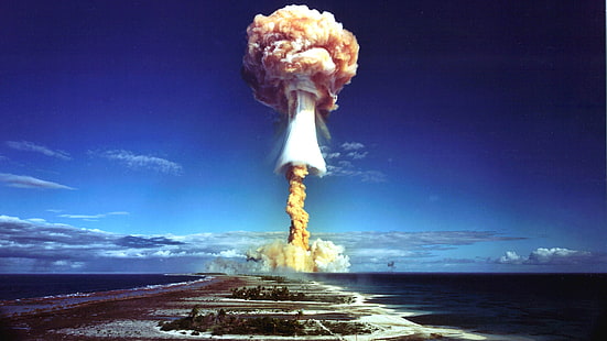 Атомна, бомба, облаци, експлозия, острови, пейзаж, ядрена, океан, радиация, море, небе, HD тапет HD wallpaper