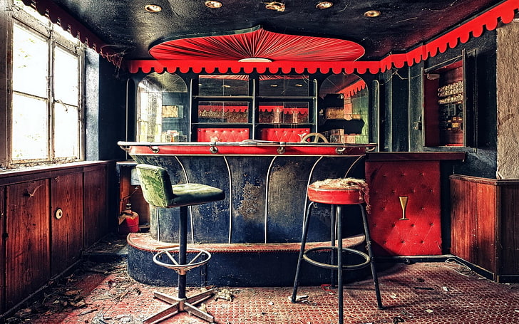 czerwony i czarny stołek barowy, bar, wnętrze, tło, stary, Tapety HD