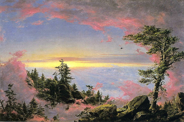 Above The Clouds At Sunrise, pink, biru, dan hijau tema pohon lukisan, awan, pohon, matahari terbit, batu, 3d dan abstrak, Wallpaper HD