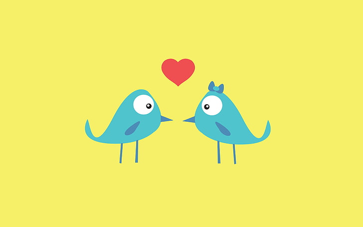 two teal birds illustration, love, birds, background, pink, blue, Wallpaper, heart, texture, feathers, beak, cartoon, Serdechko, HD wallpaper