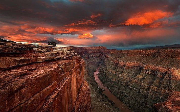 nature, paysage, rivière, canyon, nuages, désert, ciel, érosion, rouge, roche, Fond d'écran HD