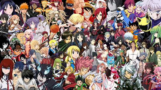 Anime, Crossover, Akame (Akame Ga Kill!), Akatsuki (Log Horizon), Allen Walker, Asuna Yuuki, Beelzebub IV, Boa Hancock, C.C. (Code Geass), Celty Sturluson, Chihiro Shindou, Edward Elric, Eren Yeager, Erza Scarlet, Esdeath (Akame Ga Kill!), Gintoki Sakata, Goku, Gon css, Gray Fullbuster, Grimmjow Jaegerjaquez, Happy (Fairy Tail), Himiko (Btooom!), Hisoka (Hunter × Hunter), Ichigo Kurosaki, Inori Yuzuriha, Itachi Uchiha, Junko Enoshima, Kaede (Elfen Lied), Kaori Miyazono, Kenshin Himura, Killua Zoldyck, Kirito (Sword Art Online), Kon (Bleach), Kurisu Makise, Kuroyukihime (Accel World), L (Death Note), Light Yagami, Lucy Heartfilia, Madara Uchiha, Mikasa Ackerman, Mio Akiyama, Miria Harvent, Monkey D. Luffy, Nami (One Piece), Naruto Uzumaki, Natsu Dragneel, Pain (Naruto), Rei Miyamoto, Rias Gremory, Rin Okumura, Rintaro Okabe, Rukia Kuchiki, Rurouni Kenshin, Ryuk (Death Note), Ryōta Sakamoto, Sakura Haruno, Sanji (One Piece), Sasuke Uchiha, Saya Takagi, Sena Kobayakawa, Shiro (Deadman Wonderland), Shiro (No Game No Life), Sora (No Game No Life), Sōsuke Aizen, Taiga Kagami, Tatsumi Oga, Tetsuya Kuroko, Yato (Noragami), Yoruichi Shihôin, Yuno Gasai, Zoro Roronoa, HD wallpaper HD wallpaper