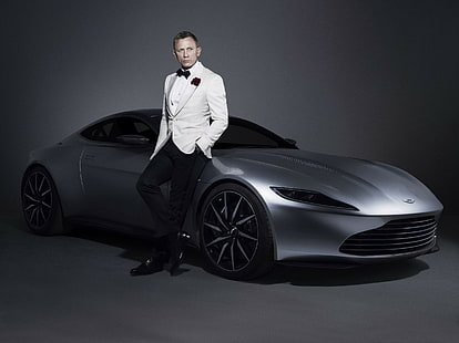homens, ator, celebridade, Daniel Craig, James Bond, 007, Aston Martin, carro, Aston Martin DB10, fundo simples, ternos, carros britânicos, carro esportivo, HD papel de parede HD wallpaper