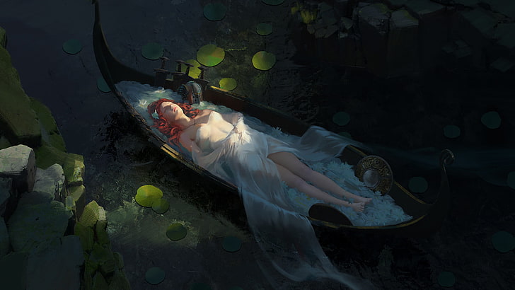 mulher deitada na canoa marrom barco pintura, arte digital, pintura, mulheres, ruiva, vestido branco, barco, água, lago, cabelo longo, olhos fechados, HD papel de parede