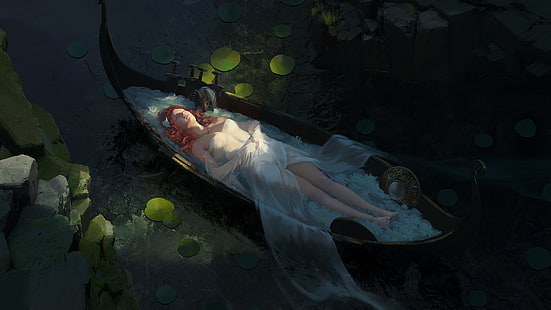mulher deitada na canoa marrom barco pintura, arte digital, pintura, mulheres, ruiva, vestido branco, barco, água, lago, cabelo longo, olhos fechados, HD papel de parede HD wallpaper