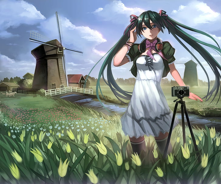 hatsune miku, girl, camera, landscape, wind, HD wallpaper