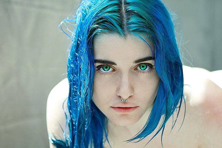 women's silver-colored jewelry piercing, Yuxi Suicide, eyes, piercing, dyed hair, nose rings, blue hair, green eyes, HD wallpaper