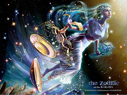 O zodíaco por Kagaya ilustração, zodíaco, signo, escalas, menina, estrelas, HD papel de parede HD wallpaper