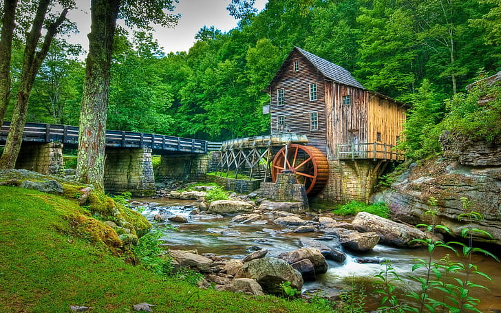 Alte Mühle Wasser-USA Babcock State Park Waldbach Felsen Bäume Brücke Wassermühle-Desktop-Hintergrund HD kostenlos herunterladen, HD-Hintergrundbild