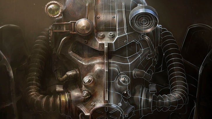 papel pintado gris del casco del robot, Fallout 4, casco, obra de arte, Bethesda Softworks, videojuegos, Fallout, armadura de poder, personajes de videojuegos, Fondo de pantalla HD