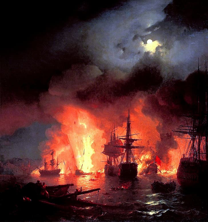 Ivan Aivazovsky, Ivan Konstantinovich Aivazovsky, battle, battle of chesme, burning, ship, painting, oil painting, battle painting, HD wallpaper