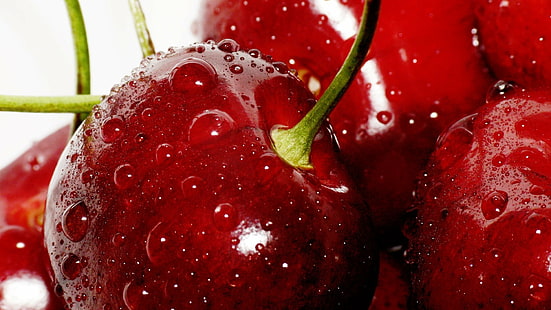 красная вишня, стена, еда, красная вишня, фрукты, свежесть, красный, спелый, крупный план, природа, ягода Фрукты, лето, органические, сладкие продукты питания, лист, HD обои HD wallpaper