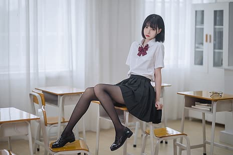 Xu Lan, жени, модел, азиатски, косплей, JK, ученичка, класна стая, училищна униформа, жени на закрито, чорапогащник, HD тапет HD wallpaper