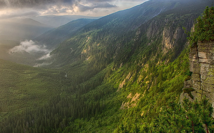 landskap foto av berg, natur, landskap, dal, berg, skog, dimma, moln, solnedgång, HD tapet