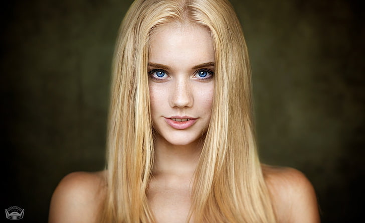 women, face, blonde, portrait, blue eyes, depth of field, bare shoulders, simple background, HD wallpaper