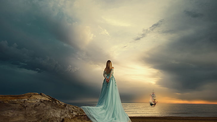 women, rocks, sea, sky, sunset, sailing ship, horizon, HD wallpaper