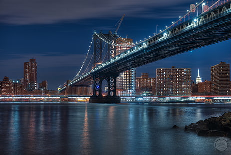 painting of Manhattan Bridge with lights during nighttime, manhattan bridge, Manhattan Bridge, painting, lights, nighttime, USA, New York  New York, New York City, Night, Brooklyn, DUMBO, ngc, urban Skyline, cityscape, brooklyn - New York, manhattan - New York City, brooklyn Bridge, famous Place, east River, river, architecture, downtown District, urban Scene, city, skyscraper, bridge - Man Made Structure, lower Manhattan, new York State, water, HD wallpaper HD wallpaper