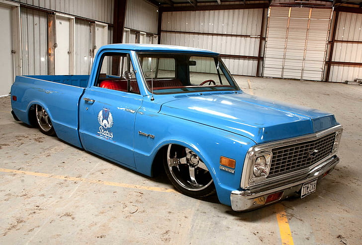 Status Shop Truck, chevy, blue, lowered, cars, HD wallpaper