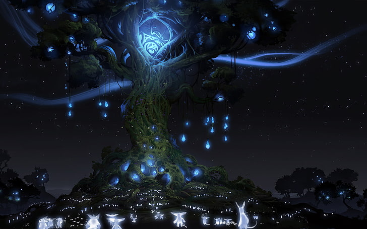 ilustrasi pohon kehidupan, malam, lampu, pohon, roh, binatang, Ori And The Blind Forest, Wallpaper HD