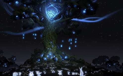 tree of life illustration, night, lights, tree, spirit, animals, Ori And The Blind Forest, HD wallpaper HD wallpaper
