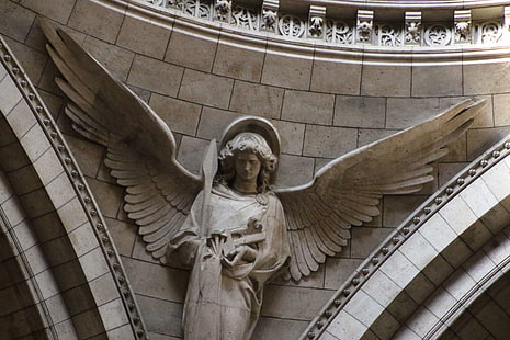 angel, angelic, building, cathedral, church, concrete, france, french, paris, statue, travel, wings, HD wallpaper HD wallpaper