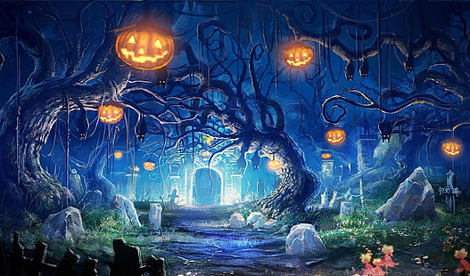 forest with Jack-O-Lanterns hanging on trees illustration, halloween, holiday, castle, gates, graves, bats, night, darkness, fear, pumpkin, HD wallpaper HD wallpaper