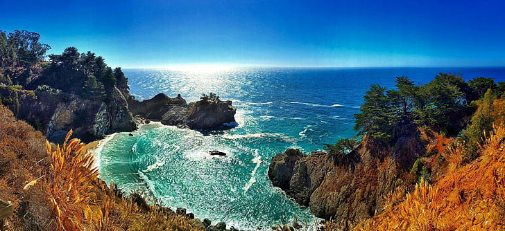 Earth, Big Sur, Cliff, Coast, Coastline, Horizon, McWay Falls, Ocean, Rock, HD wallpaper