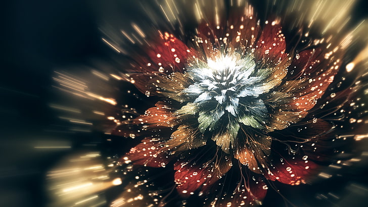 bunga petaled merah, biru, dan coklat, CGI, seni digital, bunga, Wallpaper HD