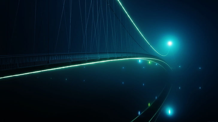 graue konkrete Hängebrücke, Neon, Nacht, Reflexion, Lichter, Stadt, städtisch, Brücke, futuristisch, Cyan, dunkles, ruhiges Wasser, HD-Hintergrundbild
