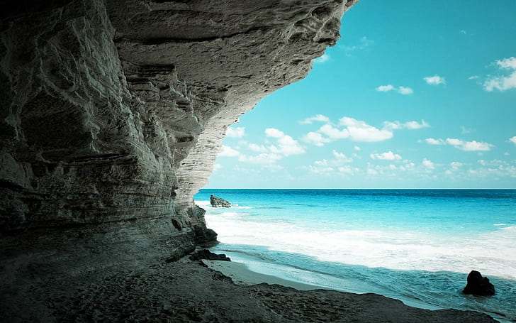 playa, cueva, costa, mar, horizonte, naturaleza, Fondo de pantalla HD